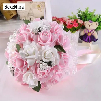 10 Barev Svatební kytice se Stuhou Svatební kytice Nevěsta drží květiny PE Rose Družička Svatební Pěna květů Růže