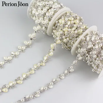 1yard Tři styly pearl crystal kamínky řetězce trim Stuha kovový řetěz pro šaty, tašky, boty, doplňky ML008-1.2.3