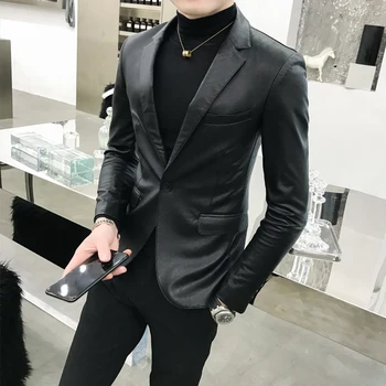2019 Pevné Černé Slim Fit Blazer Hombre PU Kožené Sako Muže Jedno Tlačítko Business Casual Ples Blazers pro Muže korejský Kabátek
