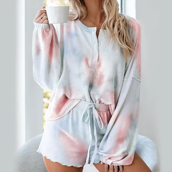 2020 Dámské Tie Dye Tištěné Prohrábnout Bavlněné Krátké Pyžamo Set Lounge Nosit Dlouhý Rukáv Topy A Šortky 2 Díl Pyžama Sada