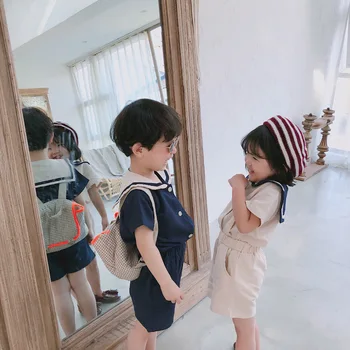 2020 Letní korejský Styl Děti Námořník Límec Bavlněné Povlečení Sady Oblečení Roztomilé Chlapci Dívky Krátký Rukáv T Tričko + Šortky 2ks Vyhovuje