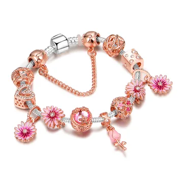 2020 nové romantické malé sedmikráska květ náramek Pandora style růžové zlato DIY korálky náramek