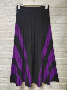 2020 podzimní a zimní dámské nové pletené sukně kontrastní barevné plisované sukně