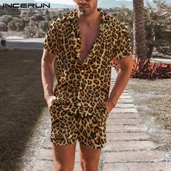 2021 Mužů Sady Leopard tisk Klopě Krátký Rukáv Tričko Beach Šortky Streetwear Havajský Muži Obleky 2 Kusy S-5XL INCERUN