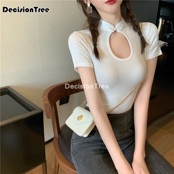 2021 čínské ženy oblečení čínské tričko halenka hanfu qipao tlačítko top satén žena, čína krátký rukáv cheongsam top svetr