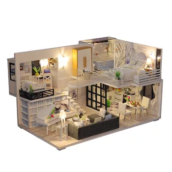 3D Dřevěný Domeček pro panenky DIY Miniaturní Dům Nábytku LED House Puzzle Zdobí Kreativní Dárky, hračky pro děti, Mini Panenka Dům z7