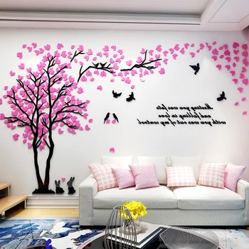 3D Samolepka na Zeď Láska Strom S Ptačí Králík Nálepky Na Zeď Obývací Pokoj Dekorace Akryl Samolepky na Zeď TV Pozadí Tapety