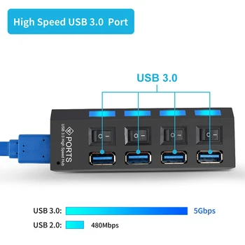 4 Porty USB Hub 3.0 Pravda, Rozbočovač USB 3.0 vysokorychlostní USB Splitter Converter s oddělenými Přepnout Plug Play USB Multi Adaptér se 7 Porty