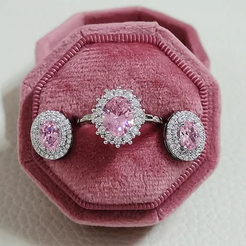 925 Sterling Silver polštář vyjmout zirkony Šperky set Zásnubní prsten stud náušnice pro ženy dárkové J4944-růžová