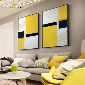 Abstraktní Žluté Bílé Malířské Plátno Geometrické Plakáty A Tisk Wall Art Obrázky Pro Obývací Pokoj Ložnice Nordic Home Decor