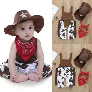 Baby Romper Infant Baby Boy Kovbojské Oblečení Set Šaty Romper Ptáka kovboj, klobouk + slin ručník Formální Oblek 3ks