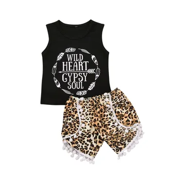 Batole Dívky Letní Módní Oblečení Dopis Tištěné Bez Rukávů Tank Top + Leopard Bambulí Šortky Dvoudílné Ležérní Oblečení Sady