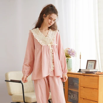 Bavlna V-neck Cardigan Dámské Pyžamo Sady jednobarevné Jaro Podzim Ženské Dlouhý Rukáv Kimono, Pyžamo, Volné oblečení na Spaní Vyhovuje