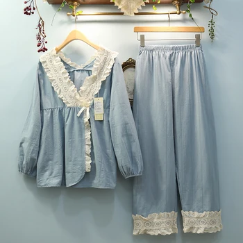 Bavlna V-neck Cardigan Dámské Pyžamo Sady jednobarevné Jaro Podzim Ženské Dlouhý Rukáv Kimono, Pyžamo, Volné oblečení na Spaní Vyhovuje