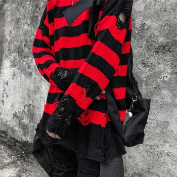 Bebovizi 2019 Hip Hop Červené Pruhy Díru Pletený Svetr Pánské Streetwear Svetr Bederní Harajuku Podzim Volné Svetr Swag