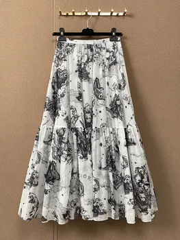 Big-name letní dámské bavlněné 3D tisk s vysokým pasem skládaná sukně 2020New dámská móda all-zápas velký-velké listového sukně XL