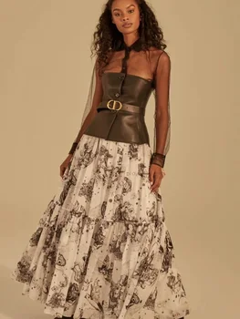Big-name letní dámské bavlněné 3D tisk s vysokým pasem skládaná sukně 2020New dámská móda all-zápas velký-velké listového sukně XL