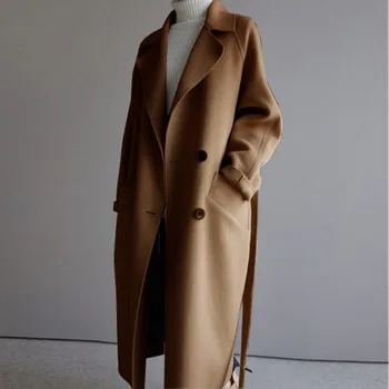Béžová Zimní Elegantní Vlněné Směsi Žen Korejské Módní Černé Dlouhé Kabáty Vintage Minimalistické Vlněné Kabát Velbloudí Oversize Vynosit