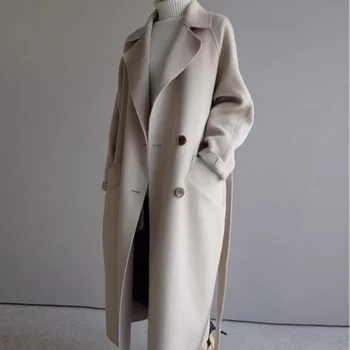 Béžová Zimní Elegantní Vlněné Směsi Žen Korejské Módní Černé Dlouhé Kabáty Vintage Minimalistické Vlněné Kabát Velbloudí Oversize Vynosit