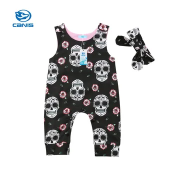 CANIS Novorozence dětské Kombinézy Dětské Boy Skull Romper bez Rukávů Bebe Chlapci Romper Oblečení Kombinéza Čelenka Oblečení Dětské Oblečení Set