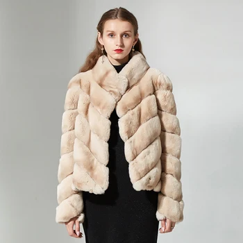 CNEGOVIK přírodní rex králičí kožešiny kabát ženy stojan límec pruhované zimní vysoce kvalitní skutečný králičí kožešiny kabát bunda kabát krátký