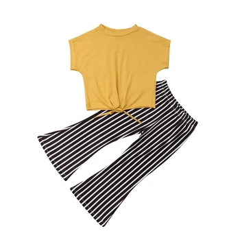 Citgeett Letní Nové Batole Děti Dívky Žluté Pevné Oblečení Oblečení Volné tričko+Pruhované Flare Kalhoty Casaul Sada Oblečení
