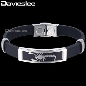 Davieslee Scorpion Náramek Náramek Pánské Řetěz z Nerezové Oceli Spona Silikon Černý Stříbrná Barva 10mm DKBM151