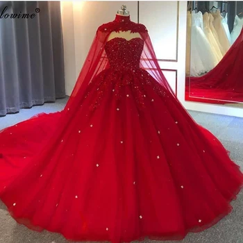 Dubaj Muslimské Červené Svatební Šaty Roku 2020-Line Lištování Krystaly Plus Velikost Svatební Šaty S Mysem Nádherné Nevěsty Šaty Na Zakázku