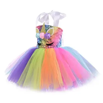 Duhové Flitry Jednorožec Děti Oblékají Kostýmy, Princezna, Dívka, Šaty, Party Kostým Halloween Květinové Dívky Šaty pro Svatby Koleno