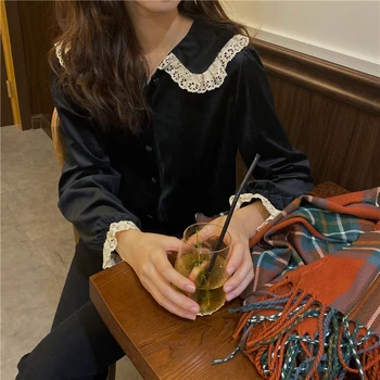 Dámské Košile Ulzzang Japonské Kawaii Dámy Vintage Sladké Krajky Panenka Límec Košile Ženské Korean Harajuku Roztomilé Oblečení Pro Ženy