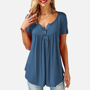 Dámské V-Neck Tunika T-Košile Skládaný Plus Velikost 5XL s Krátkým Rukávem Solid T-Shirt Ženy Topy Tričko Jarní Letní Casual Loose Šaty