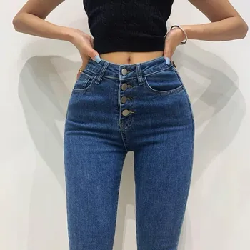 Džíny žena vysokým pasem podzimní módní multi-tlačítko design smysl přiléhavé slim kalhoty single-breasted strečové džíny