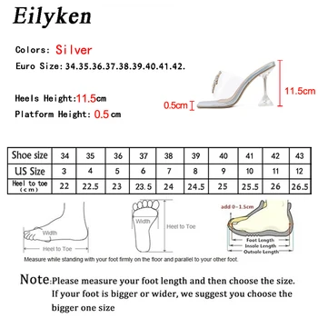 Eilyken 2021 Módní Sluneční Krystal PVC Transparentní Pantofle Ženy Open toe Vysoké podpatky Plexi Jasné Cup Boty na Podpatku Sandály Stříbrné