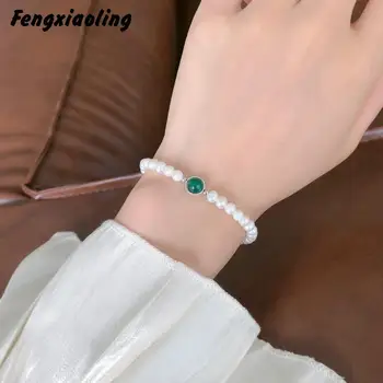 Fengxiaoling Nové Světlo Luxusní Sladkovodní Perly Kouzlo Náramky Pro Ženy 925 Sterling Silver Green Crystal Pearl Náramek