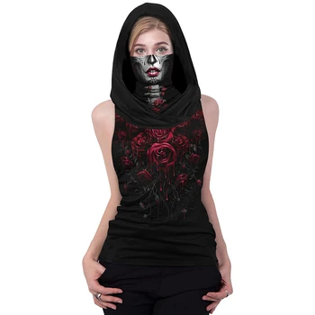 Goth Punk Růže Bez Rukávů S Kapucí T Tričko Ženy Podzim Zima Plus Velikost Skeletu Graphic Tee Y2k Harajuku Grunge Nadrozměrné Top