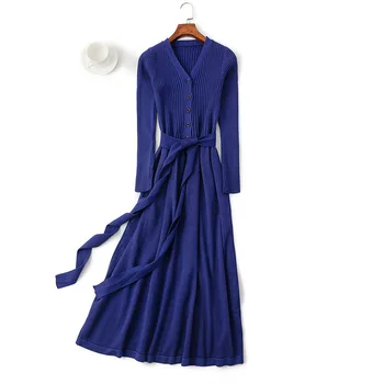 HLBCBG podzim zima v-neck maxi šaty-svetr ženy OL žena dlouhý svetr šaty s páskem elegantní-line solid slim šaty