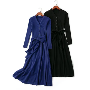 HLBCBG podzim zima v-neck maxi šaty-svetr ženy OL žena dlouhý svetr šaty s páskem elegantní-line solid slim šaty