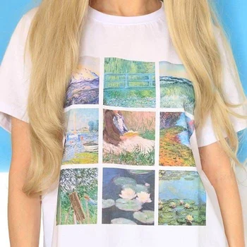 HahayuleWomen Vintage Monet Obraz T-Shirt Měkké Grunge Estetické Tištěné Tee Chladné Letní Topy