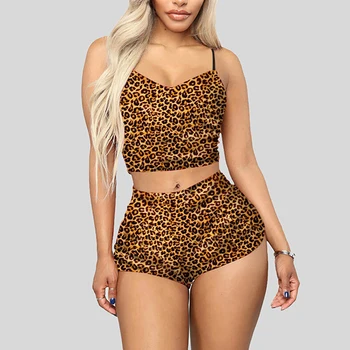 Horké Prodávat Ženy, Oblečení Na Spaní Nastavit Leopard Slim Pyžamo Set Oblečení Na Spaní Sexy Pyžamo Bez Rukávů Crop Top Šortky Set V Noci Nosit Oblečení Pro Volný Čas