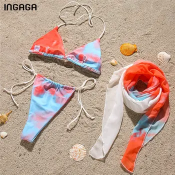 INGAGA Thong Bikiny Plavky Halter Plavky Ženy Vysoký Střih Biquini Sexy Mesh Plavky 2021 Řetězec Plážové oblečení Bikini Set