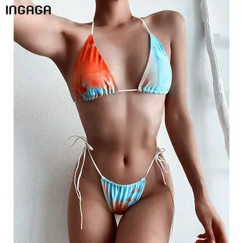 INGAGA Thong Bikiny Plavky Halter Plavky Ženy Vysoký Střih Biquini Sexy Mesh Plavky 2021 Řetězec Plážové oblečení Bikini Set