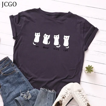 JCGO Letní Bavlna Ženy T Košile 4XL 5XL Plus Velikosti Roztomilé Kočky Tisk Krátký Rukáv Basic Trička Topy Příležitostné O-Krk Ženy Tričko