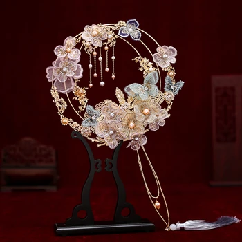 JaneVini 2020 Luxusní Čínské Svatební Kytice Ventilátor Krajky Motýl, Květiny, Perly, Kovové Kulaté Svatební Nevěsta Ruku Fanoušci na Pokrytí Tvář