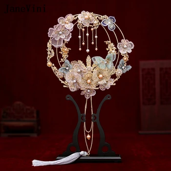 JaneVini 2020 Luxusní Čínské Svatební Kytice Ventilátor Krajky Motýl, Květiny, Perly, Kovové Kulaté Svatební Nevěsta Ruku Fanoušci na Pokrytí Tvář