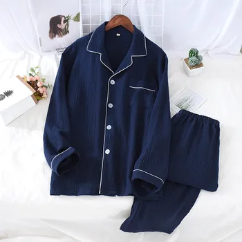 Japonský styl na jaře a na podzim nový pár bavlněné krepové oblek s dlouhým rukávem kalhoty dámské pyžamo, jednobarevné domácí služby muži