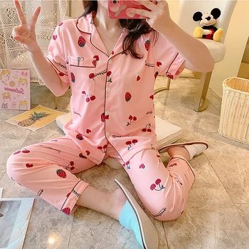 Jarní Pyžama Sady Pijama Bavlněné Sexy Oblečení Na Spaní Ženy Letní Velké Velikosti Pyjama Femme Spát Lounge Krátký Rukáv Pyžama 2020
