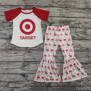 Jarní styl raglan tričko s kruhem vzorem, zvon spodní kalhoty 2ks set pro holčičku