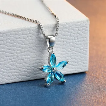 Jednoduché, Ženské Modré Crystal Náhrdelník S Přívěskem Roztomilý Květ Řetězce Náhrdelníky Pro Ženy Kouzlo Svatební Duha Svatební Náhrdelník