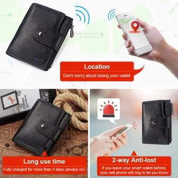 KAVIS rfid Smart Peněženka z Pravé Kůže s alarm GPS Mapa Bluetooth Černá Muži Peněženku Vysoce Kvalitní Design Peněženky Zdarma Gravírování