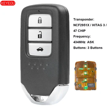 KEYECU ZEPTAT 434Mhz ID47 Inteligentní Vzdálené Klíče Fob 3 Tlačítko pro Honda City Jazz Civic Grace - FCCID: KR5V2X